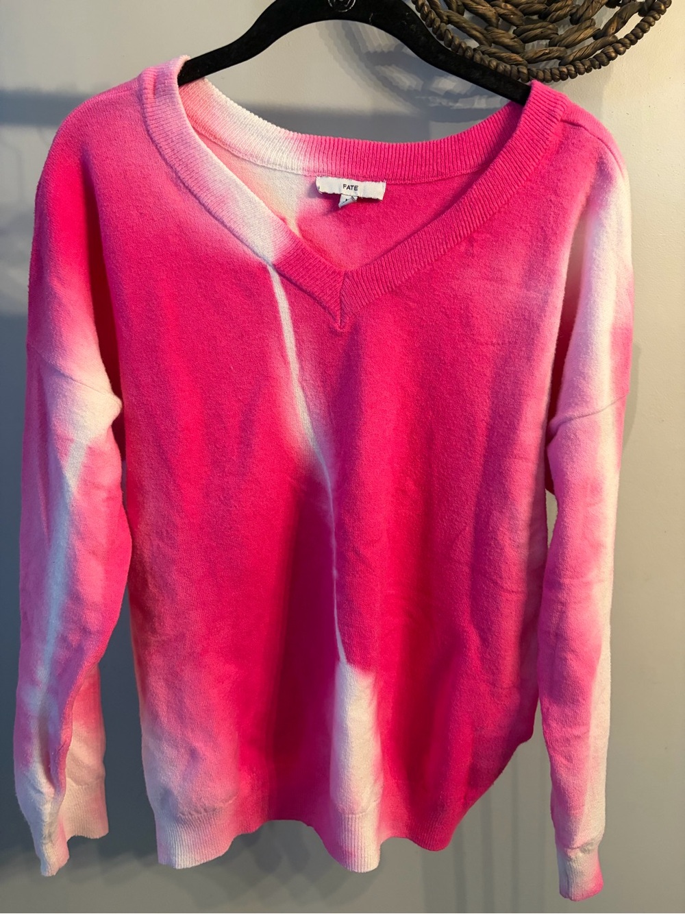 Fate Pink and White Tie-Dye V-Neck Sweater size medium